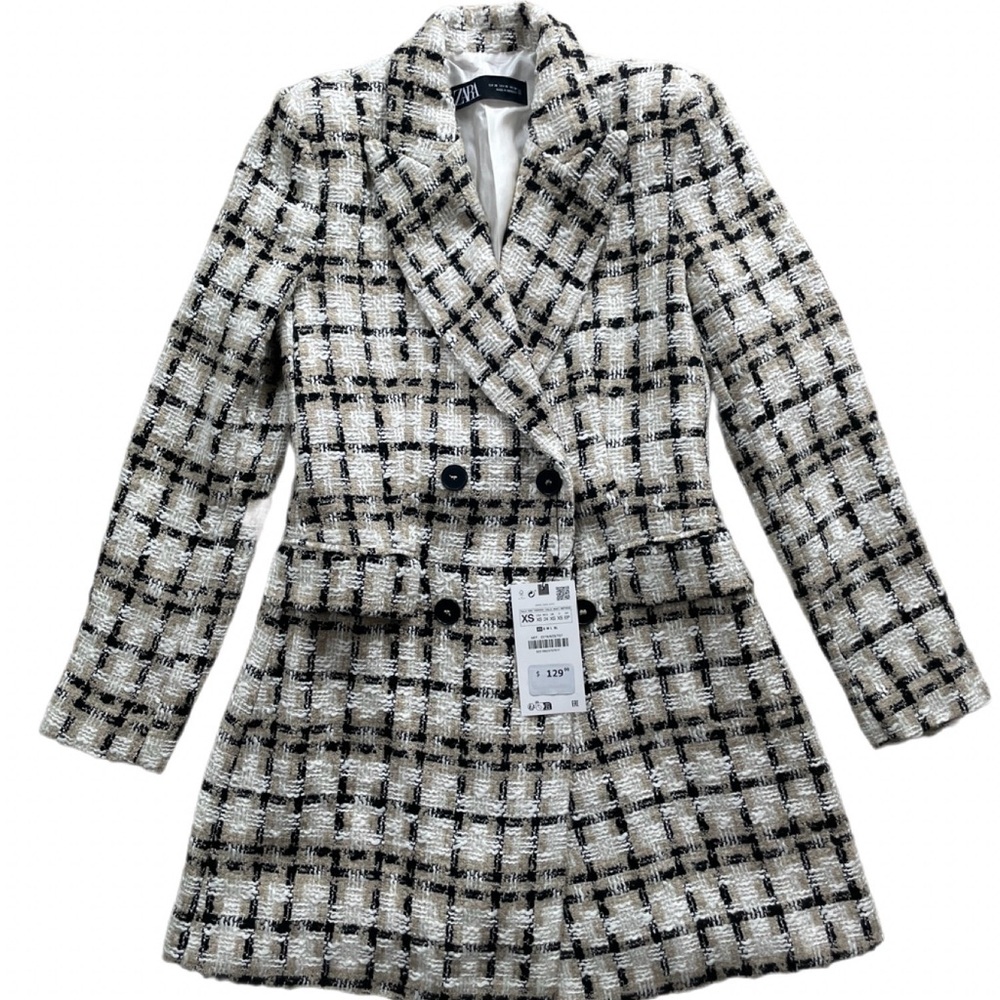 Zara Women's Black and White Plaid Coat